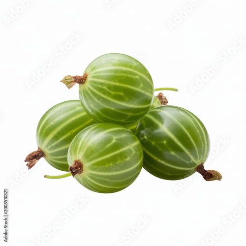 A small cluster of fresh green gooseberries with striped skins isolated on a plain white background