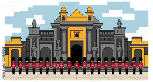 Foto Buckingham palace illustration with guards on transparent background