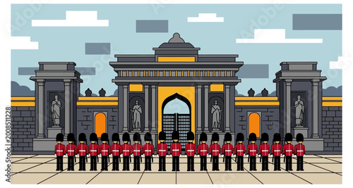 Quadro su tela Buckingham palace illustration with guards on transparent background