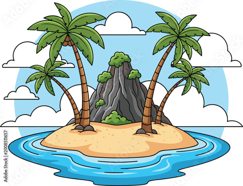 Foto Tropical Desert Island Vector Illustration with Palm Trees, Sandy Beach, and Vol