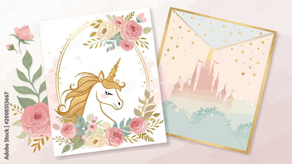 Obraz premium Cute unicorn with flowers and golden castle envelope invitation card template