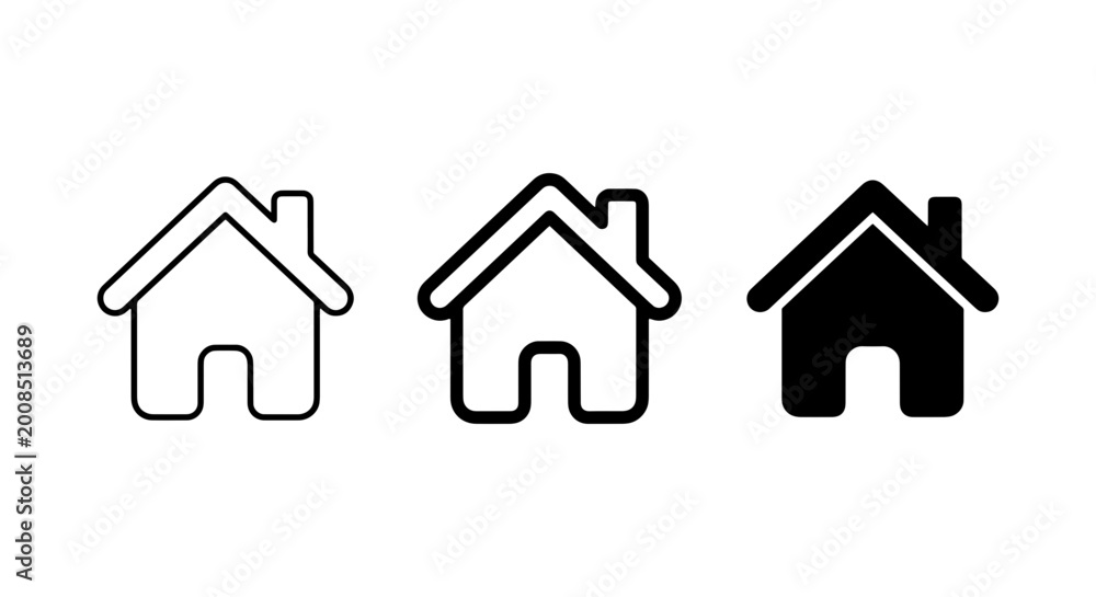 Fototapeta premium Home Icon Set: Simple House Symbols in Outline, Filled, and Solid Black Styles