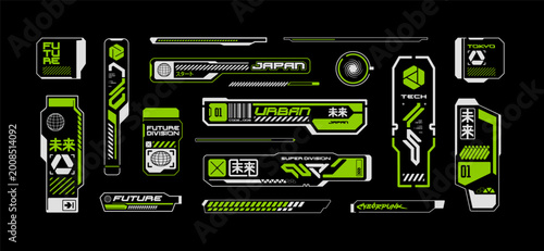 Futuristic set in cyberpunk style HUD elements, sci-fi signs with ui frame, control panel button, assets in techno style - editable vector templates	