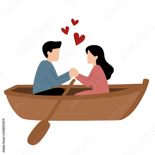 Obraz na plátne Couple Holding Hands in a Romantic Rowboat with Hearts