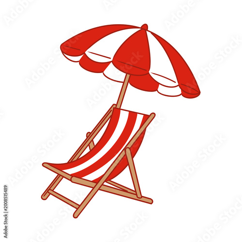 Foto Beach Deck Chair and Red Striped Umbrella Illustration for Summer Vacation