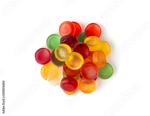 Round gummy candy pile isolated. Chewing colorful marmalade pills, jelly gumdrops heap