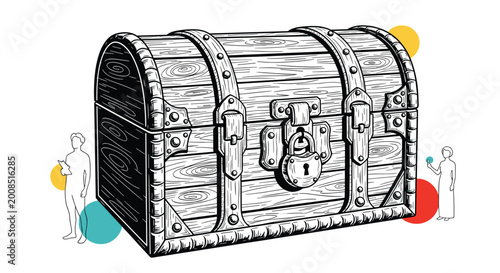 Detailed vintage wooden treasure chest sketch with metallic locks and hinges featuring colorful background elements.