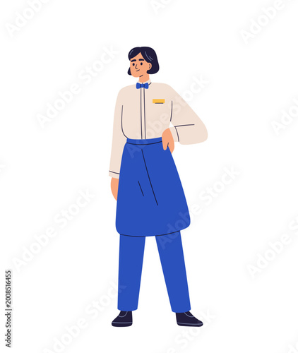 Woman waitress. Female waiter standing in service uniform with apron and bow ...