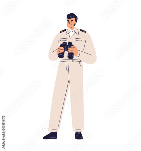 Sea man, navigator holding binoculars, in maritime uniform. Ship navigation s...