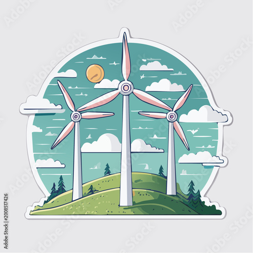 Wind Turbines on a Green Hill Under a Cloudy Sky