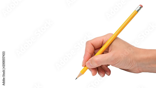 Human hand holding a yellow pencil and writing or drawing on invisible surface isolated on transparent background