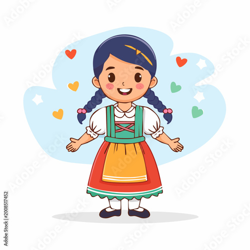 Cartoon Girl in Traditional German Dress with Hearts