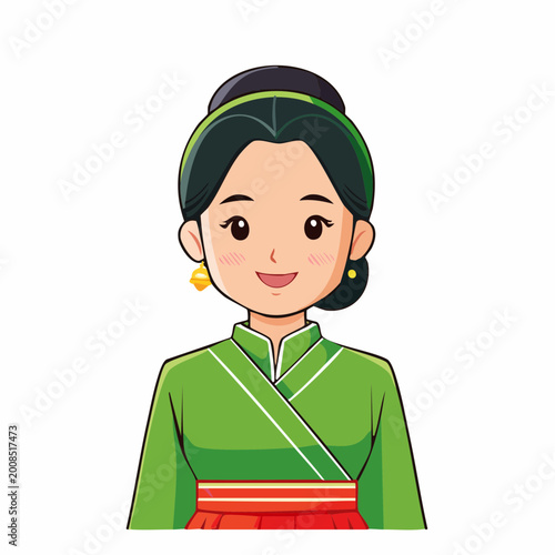 Cartoon Woman in Traditional Green Dress