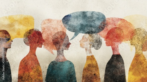 People talking in a group with colorful speech bubbles above their heads