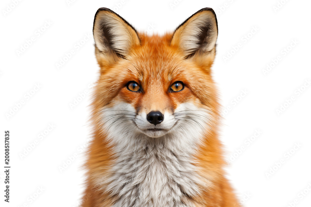 Fototapeta premium Close up portrait of a wild red fox head with expressive orange eyes on white background
