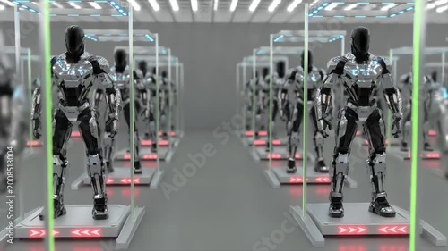 Humanoid robot factory tech bg move camera endless 4k