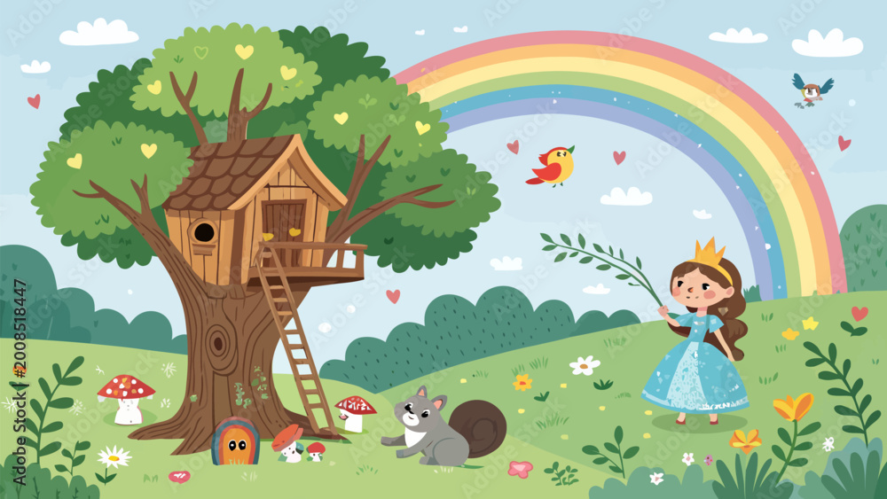 Naklejka premium Cute princess in a fairy tale forest with a treehouse, rainbow, and squirrel, whimsical cartoon illustration for childrens book or nursery decor