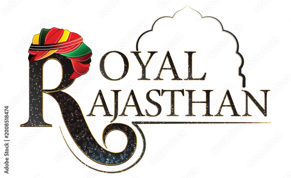 Fototapeta premium Royal Rajasthan Typography Logo with Turban, Traditional Indian Culture Text Design, Travel and Tourism, Rajputana Heritage Vector Illustration