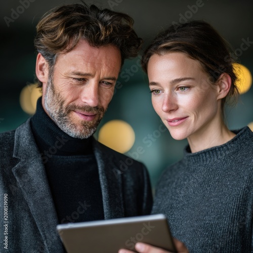 Colleagues Man and Woman Discussing Work Using Tablet in Office