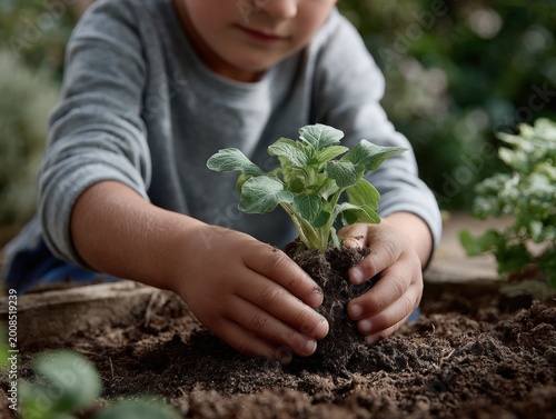 Joyful Child Gardening on Arbor Day with Soil and Plants