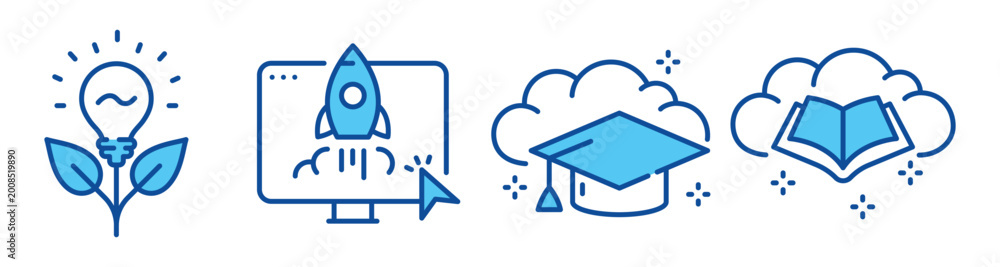 Naklejka premium Education icons depicting growth and launch in cloud setting. Editable stroke
