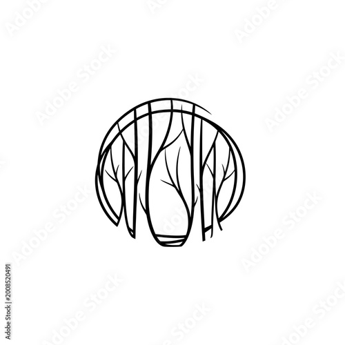 Abstract circular design with stylized tree branches and leaves.