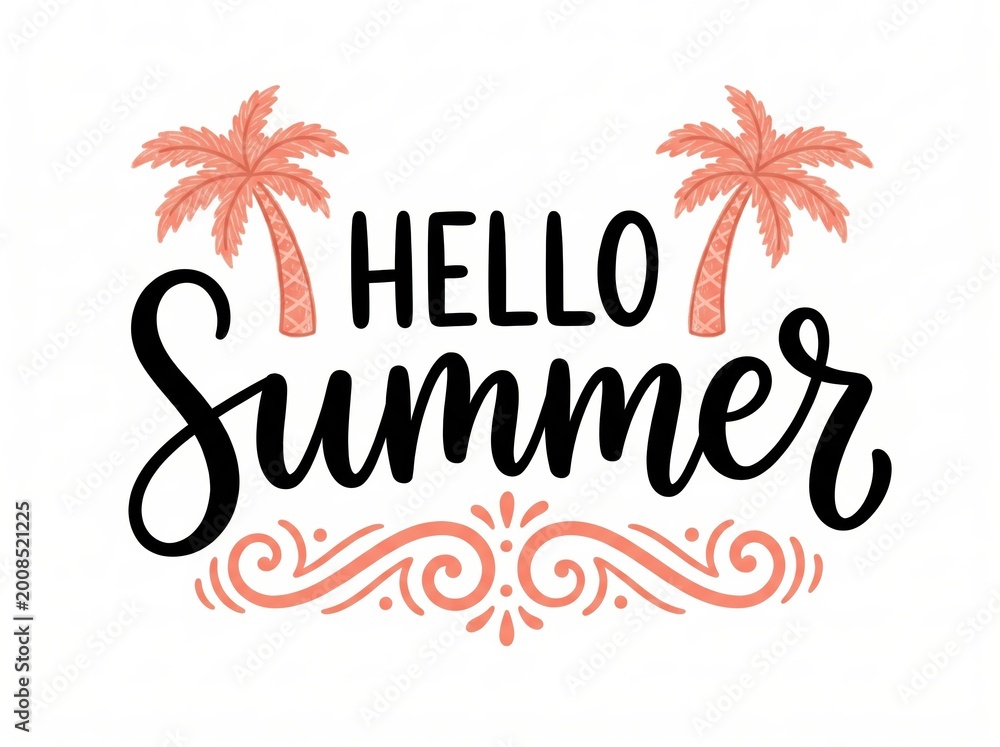 Obraz premium Hello summer text with palm trees and decorative elements on white background.