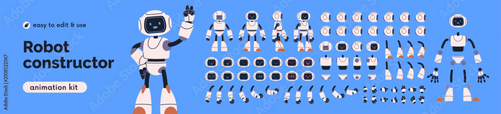 Фотография Android robot constructor, bot character, animation kit with head, face expressions, hand gestures, arms, legs actions