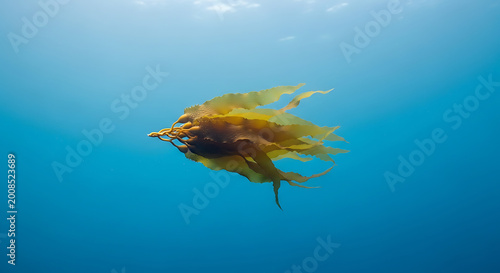 Sunlight Filtering Through Giant Kelp Seaweed Floating in Clear Blue Underwater Ocean
