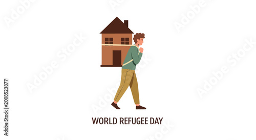 Foto Person carrying a house on their back, symbolizing displacement and refugee cris