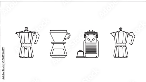 Fotografía Coffee maker silhouette icons set with stovetop espresso pot, filter brewer, and
