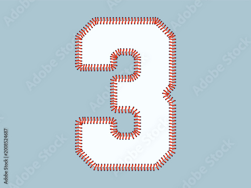 Stylized sports number 3 typography inspired by baseball, featuring bold numerals outlined with stitched laces.
