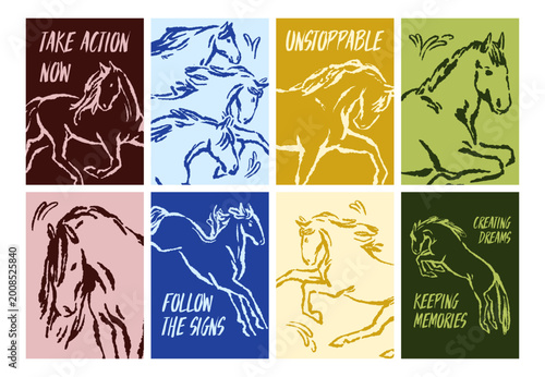 Horse energy, posters set with motivational inspirational phrases. Equine ani...