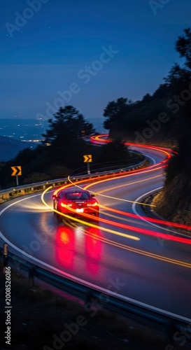 Winding road with car lights.