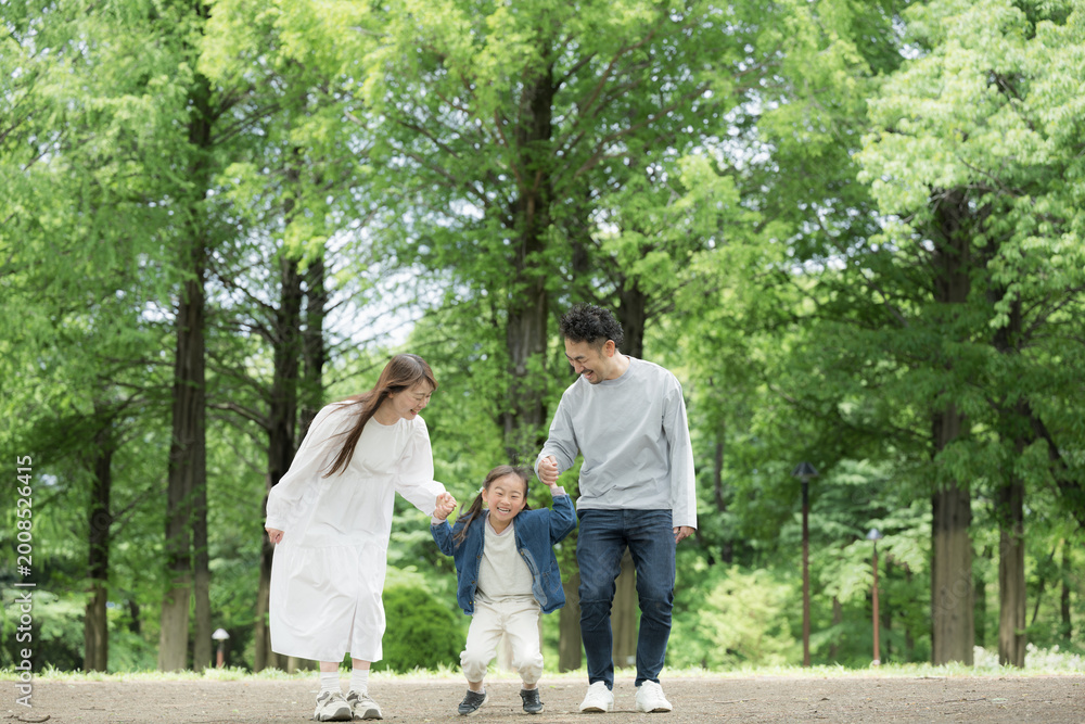 Fototapeta premium 家族、新緑の公園で手を繋ぐ歩く幸せなファミリーライフスタイル 全身