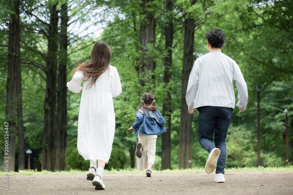 Fototapeta premium 家族、新緑の公園で走る、かけっこする幸せなファミリーライフスタイル 全身の顔無しの後ろ姿