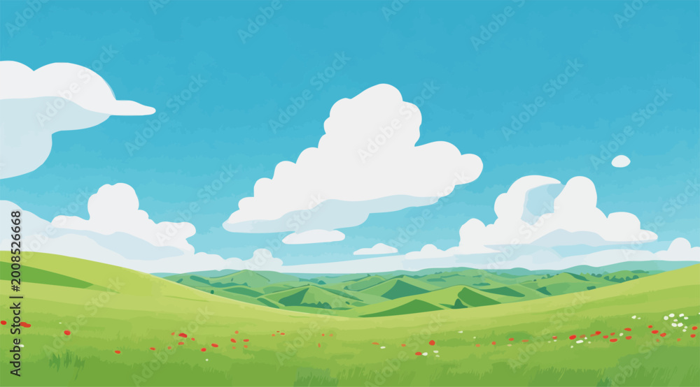 Fototapeta premium Peaceful Rolling Grassland Landscape Under Bright Blue Sky
