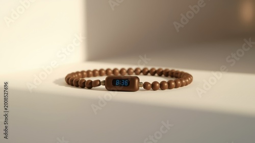 Modern tasbih prayer beads with digital counter on white surface minimalist design
