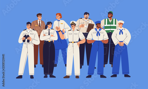 Ship crew, sea sailing team, group portrait. Maritime personnel. Nautical nav...