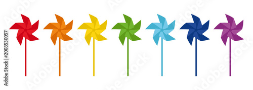 Rainbow pinwheel set colorful windmill toys collection bright spinning paper pinwheels in vivid palette playful summer decoration children toy symbols cheerful multicolor shapes design