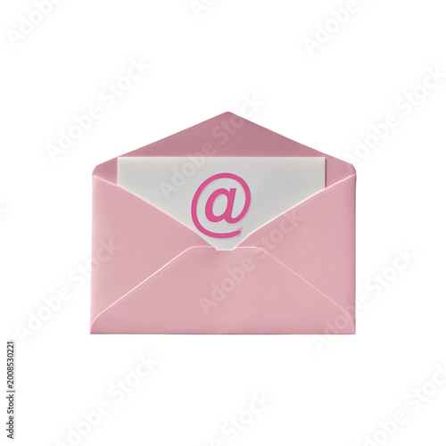 Pink envelope with email symbol message communication mail icon digital contact letter notification marketing object isolated on white background