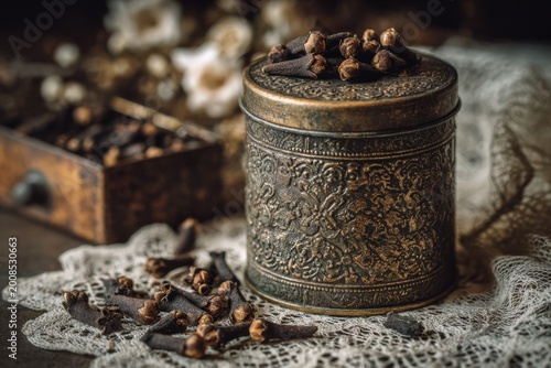 Whole clove buds in vintage tin with ornate lid