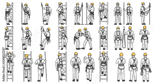 Collection of workers demonstrating fall protection safety equipment and procedures.