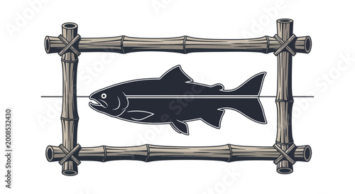 Vintage style fish graphic within a natural bamboo frame.
