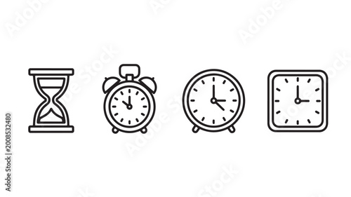 Photos Clock icon, hourglass and alarm clock silhouette set showing time management and