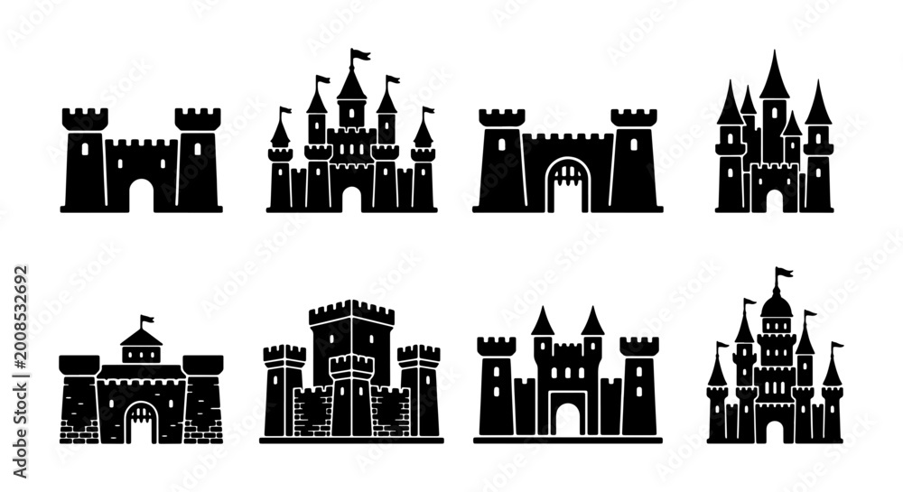 Obraz premium Medieval Castle Silhouettes, Fantasy Fortress Icons, Royal Architecture Vector Set, Fairytale Landmark Graphics