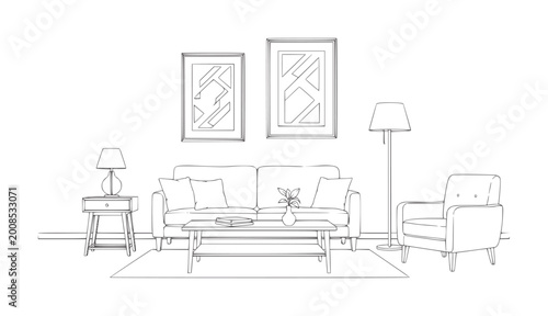 Line of a living room with sofa armchair and coffee table furniture