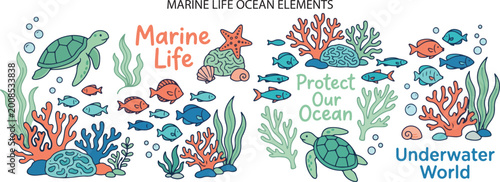 Marine Life with Sea Turtle Fish and Coral Reef Ocean for Environmental Design, Elements Cartoon Illustration