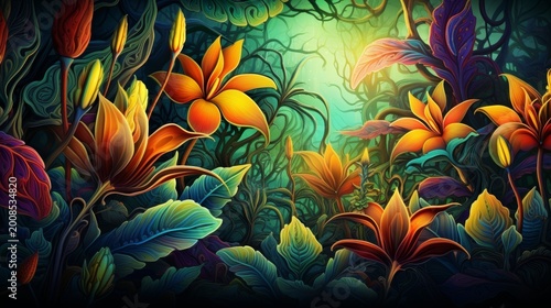 Vibrant Tropical Illustration with Exotic Orange Flowers and Intricate Jungle Foliage in a Glowing Enchanted Forest