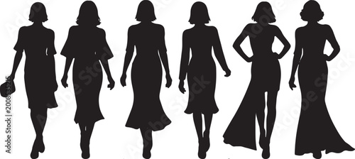 Obraz na plátně Fashion woman silhouettes set with various elegant dresses and model poses